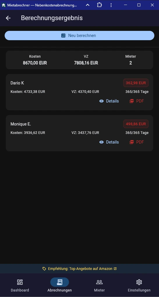 Screenshot Ergebnisliste pro Mieter