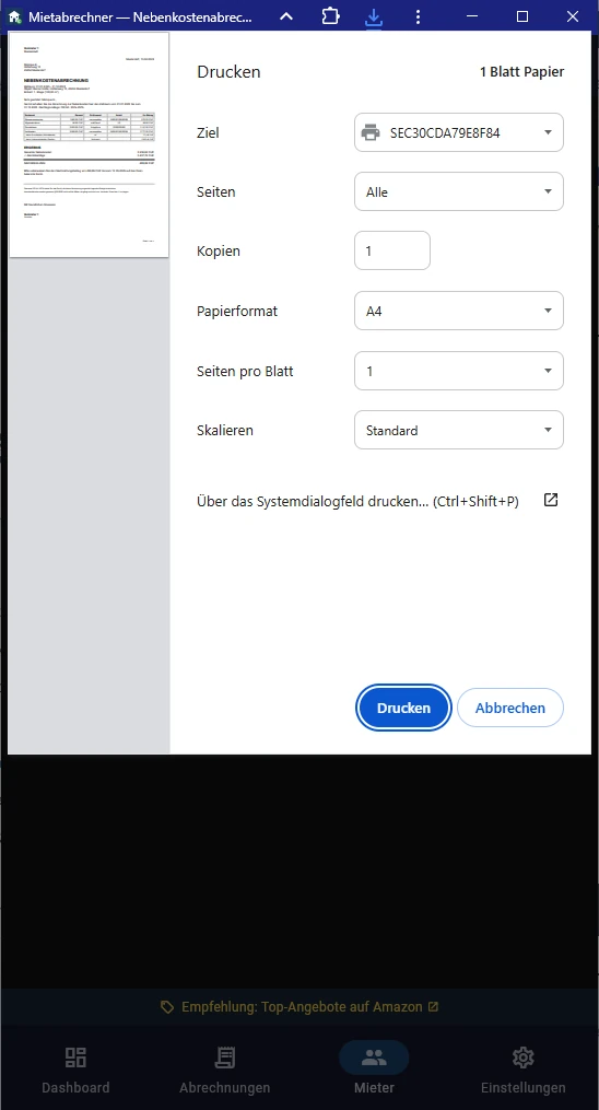 Screenshot PDF-Nebenkostenabrechnung Ergebnis