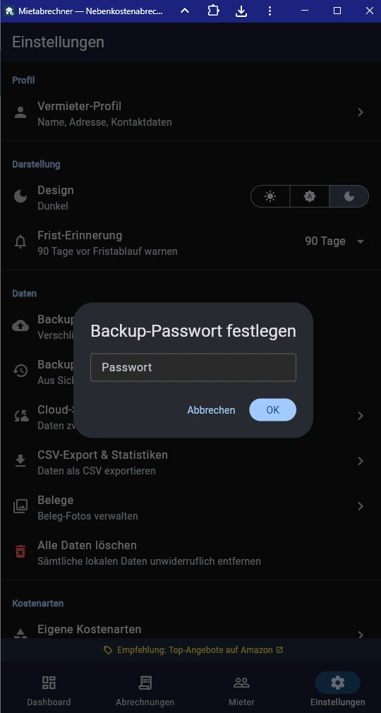Screenshot Backup-Passwort setzen
