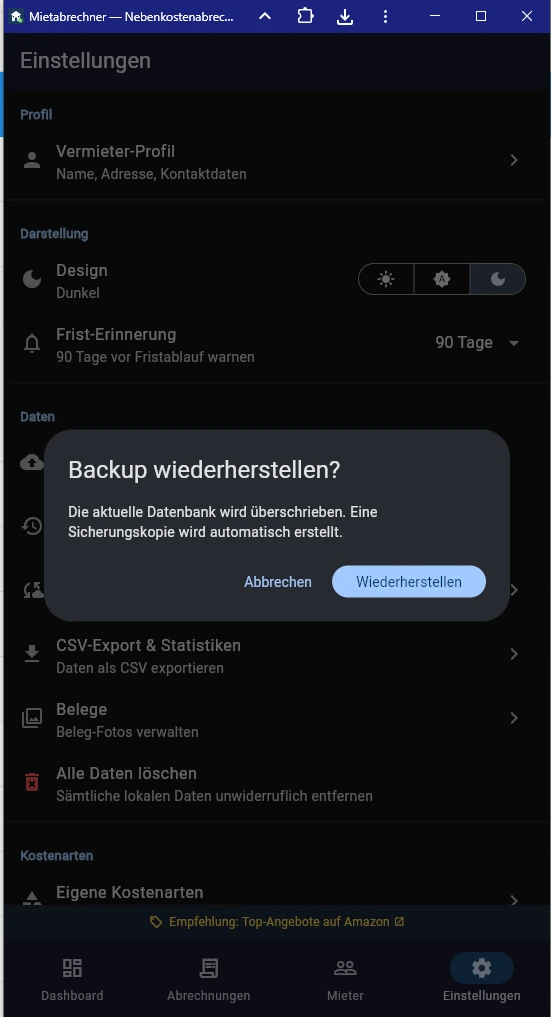 Screenshot Backup wiederherstellen
