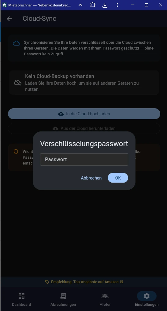Screenshot Cloud-Sync Passwort setzen