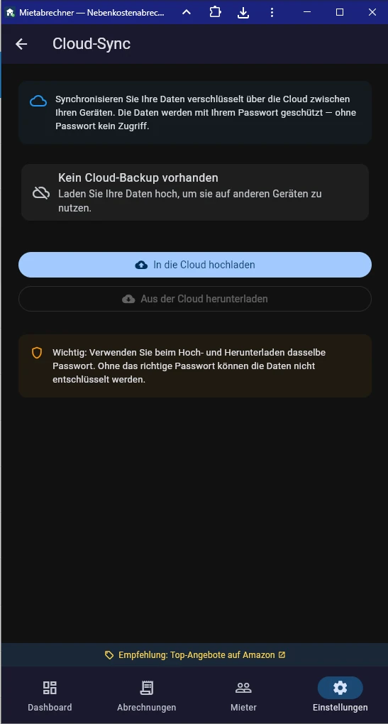 Screenshot Cloud-Sync Einstellungen