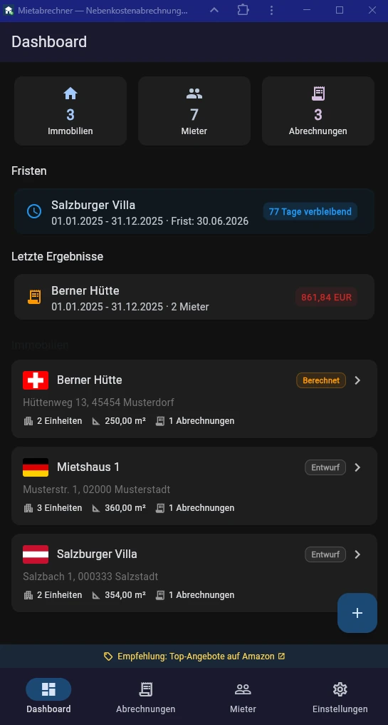 Dashboard der Mietabrechner-App mit Immobilienübersicht
