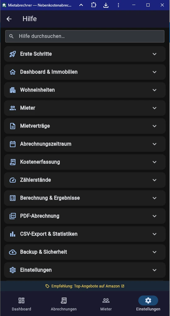 Screenshot Hilfeseite mit Suchfeld