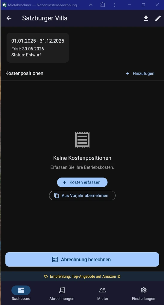 Screenshot Kostenart auswählen