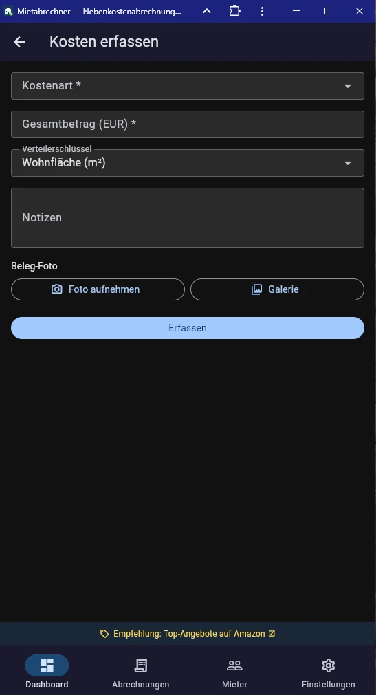 Screenshot Kosten eintragen mit Verteilerschlüssel