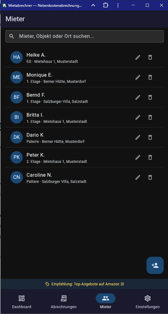 Screenshot Mieterliste in der App