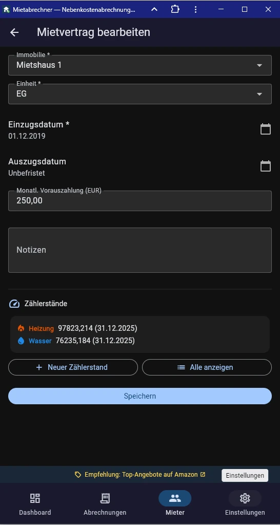 Screenshot Mietvertrag mit Einheit und Einzugsdatum