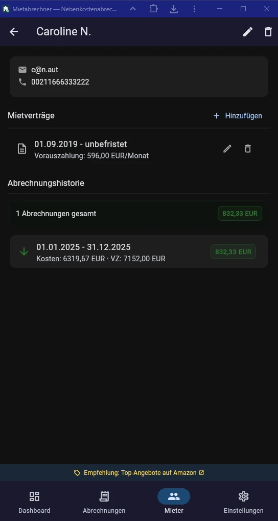 Screenshot Mietvertrag-Details mit Vorauszahlung