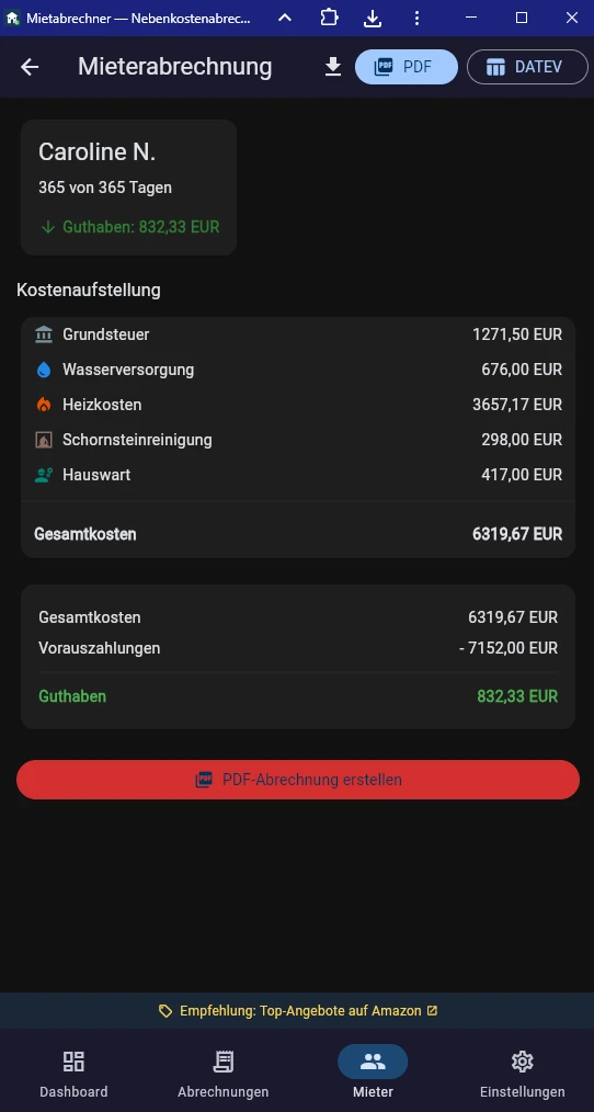 Screenshot mehrerer Mietverträge bei Mieterwechsel