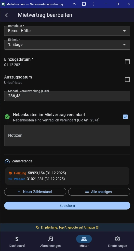Screenshot Schweizer Mietvertrag mit Nebenkosten-Checkbox
