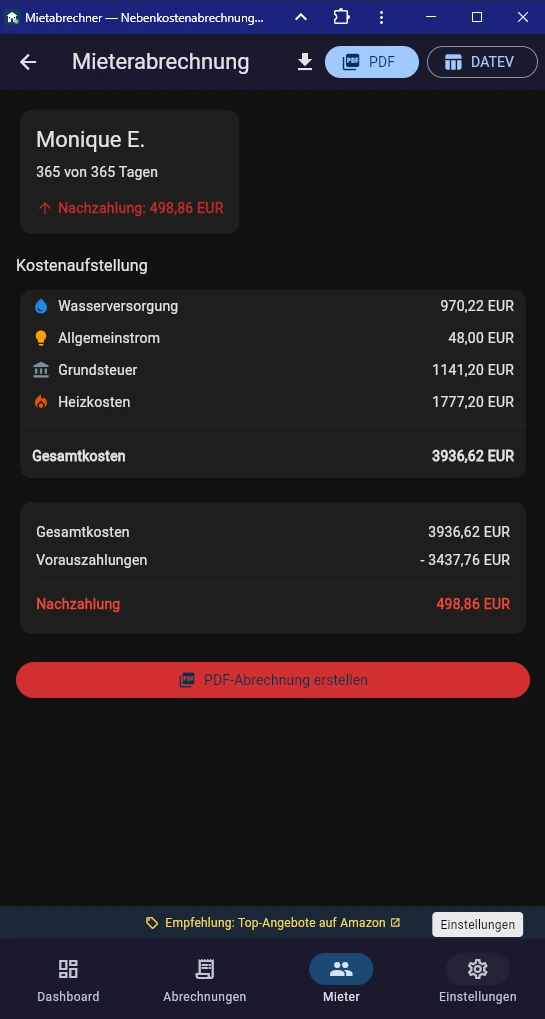 Screenshot PDF-Nebenkostenabrechnung Seite 1 Kopfzeile