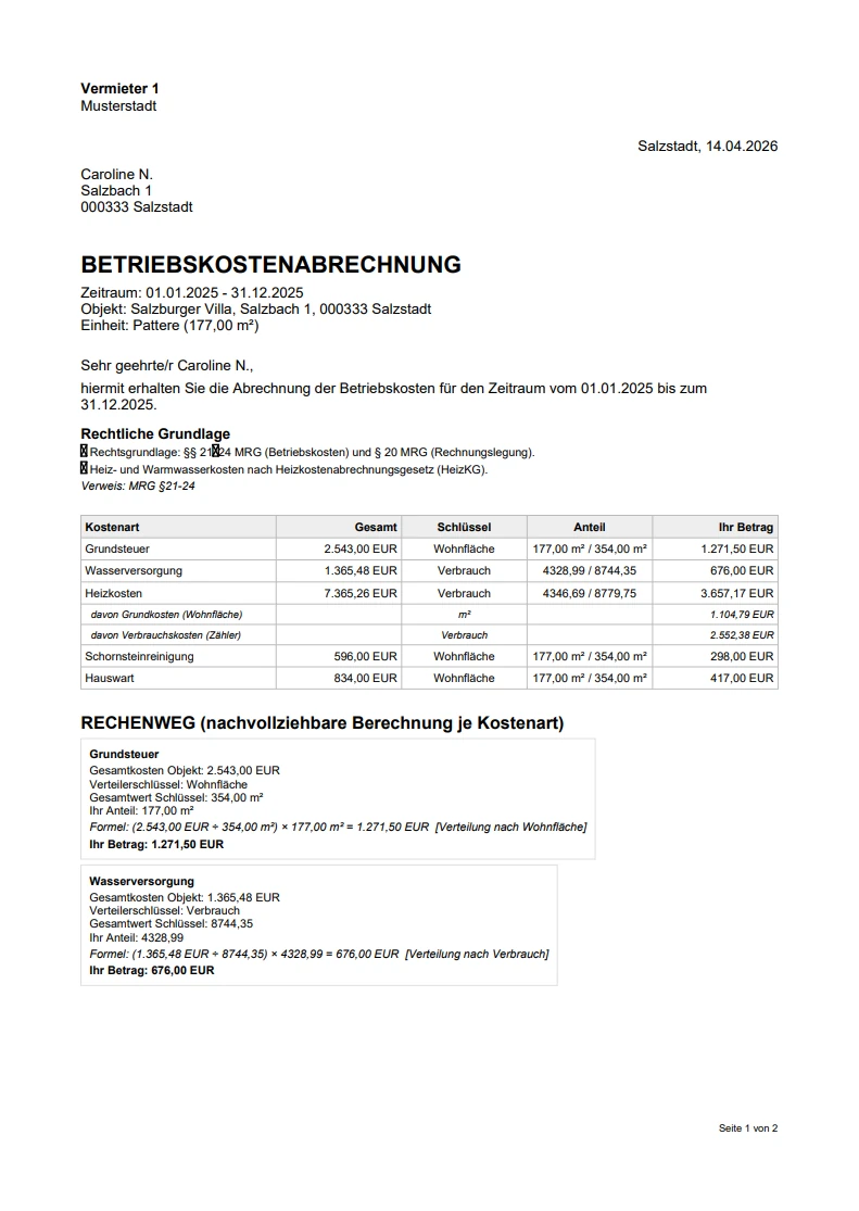 Screenshot PDF-Nebenkostenabrechnung Kostenaufstellung
