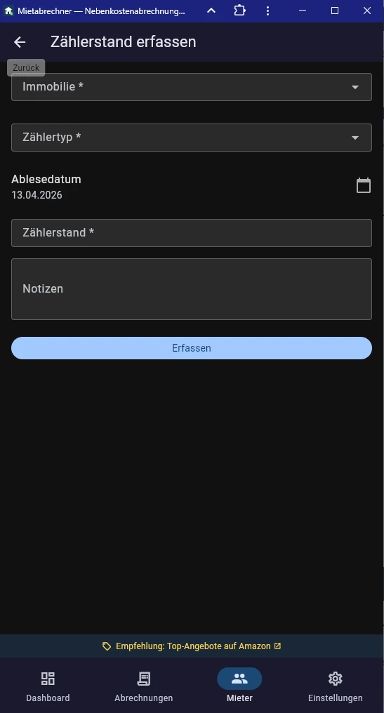 Screenshot Zählerstände Übersicht