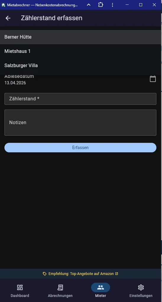 Screenshot Zählerstand Eingabeformular