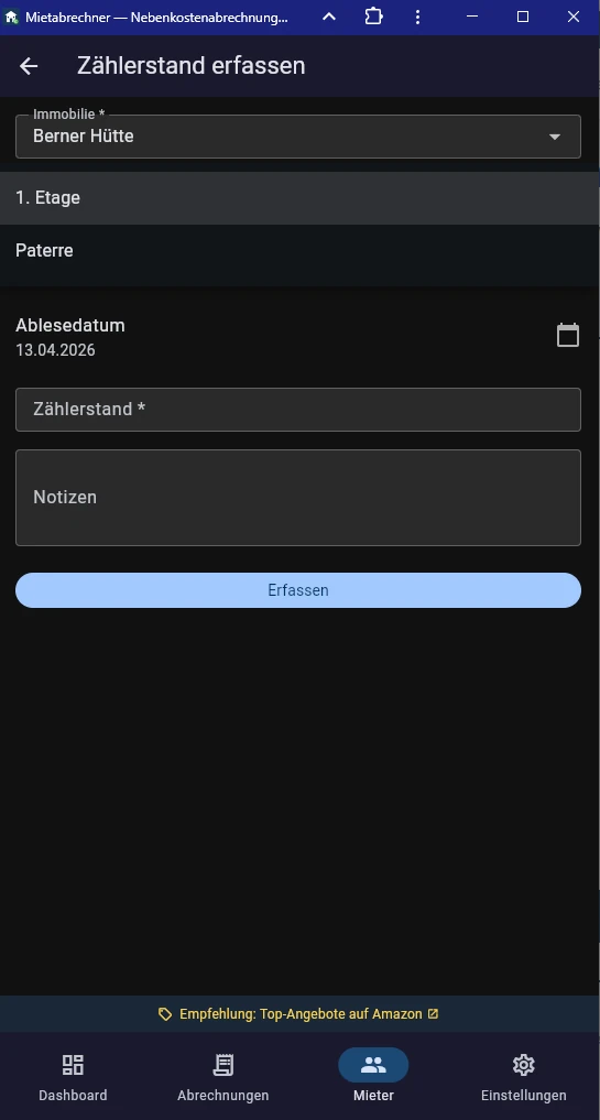 Screenshot Zählerstand mit Datum und Wert