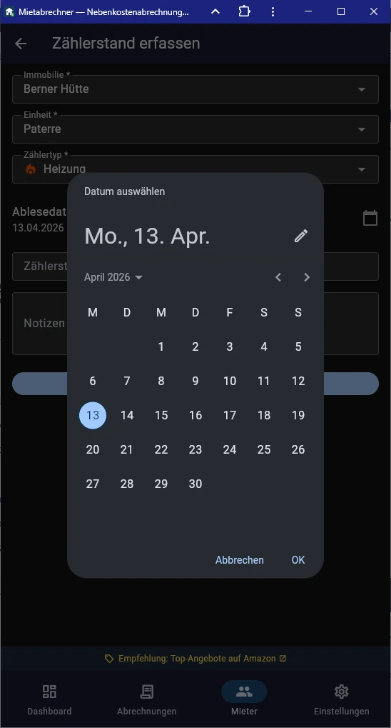 Screenshot Zählerstandsliste mit Datum